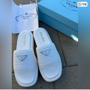 Prada White Woven Slide Sandals (NEW)